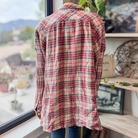 Free People Juniper Ridge Plaid Button Down Shirt w/ Raw Hem, Women's Large - Picture 5 of 15